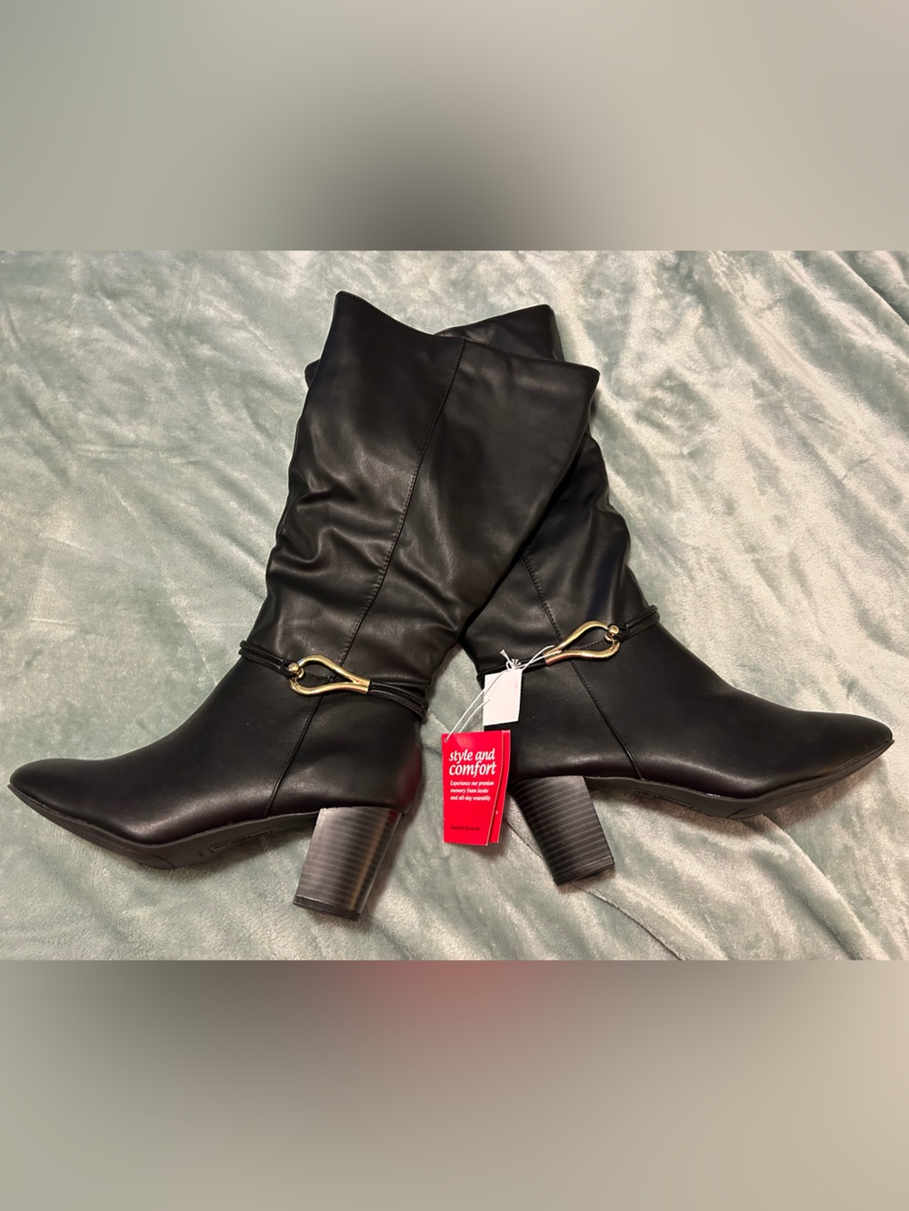 Black Wide Calf Black Heeled Boots with Gold Accents NWT Size 11